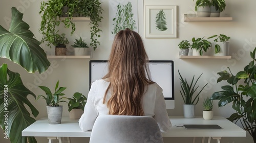 Home office setup, woman in white shirt working at desk, back view, minimalist workspace, computer screen, potted plants, floating shelves, green indoor plants, clean white interior.