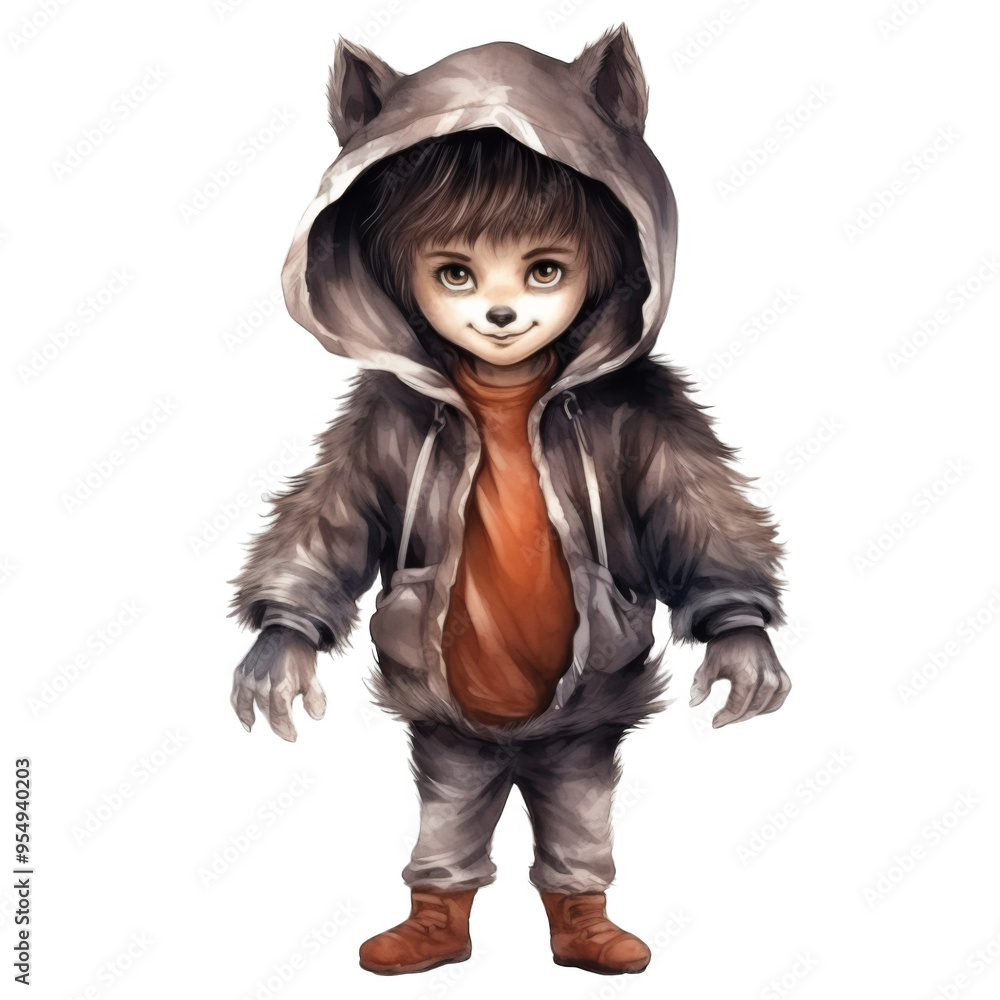 A Young Boy Dressed as a Wolf in a Grey Hoodie and Orange Shirt A Young Boy Dressed as a Wolf in a Grey Hoodie and Orange Shirt