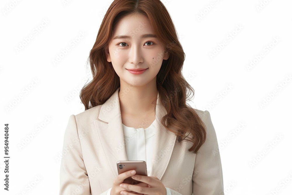 A confident woman in a business suit smiling while holding a smartphone, exuding professionalism and approachability.