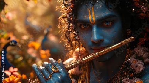 Closeup portrait of Krishna hindu deity god playing flute in serene traditional setting new beautiful stock image illustration AI