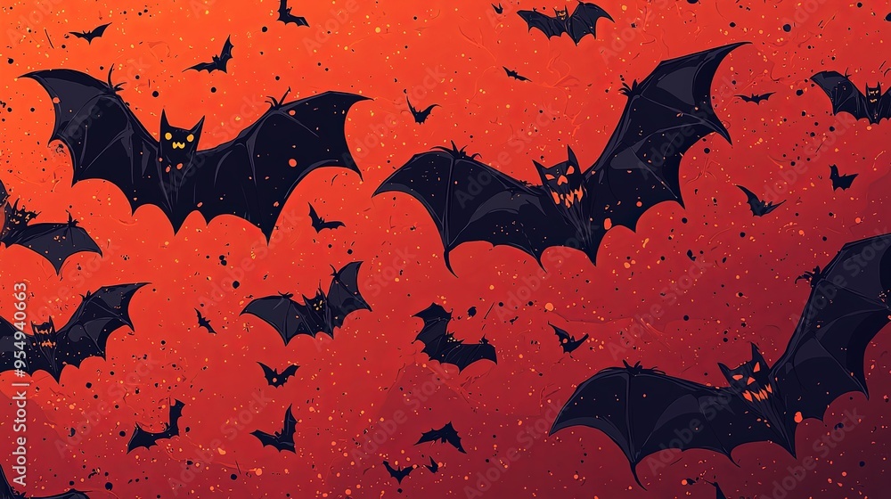 Illustration of bats soaring in a red twilight sky, encapsulating the spooky and thrilling essence, enhanced by the bold contrast of black against red. Illustration of bats soaring in a red twilight sky, encapsulating the spooky and thrilling essence, enhanced by the bold contrast of black against red.