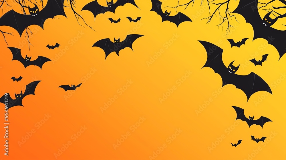 Graphic art showing black bats flying against a gradient orange and yellow sky, evoking the essence of Halloween with a focus on simplicity and contrast. Graphic art showing black bats flying against a gradient orange and yellow sky, evoking the essence of Halloween with a focus on simplicity and contrast.