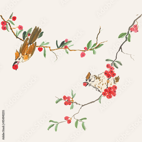 Chinese Painting Bul Bul Bird Eating Red Berry on The Branch