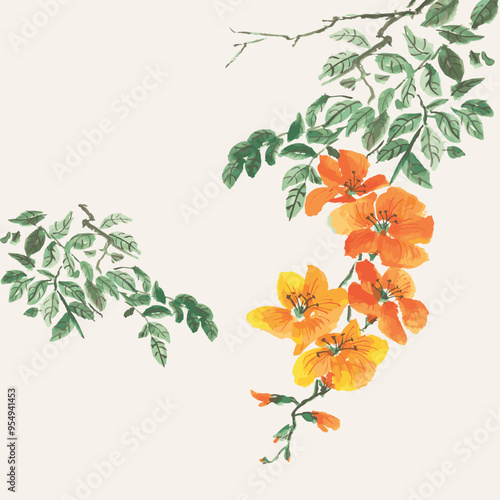 Chinese Painting Orange Trumpet Creeper Flower