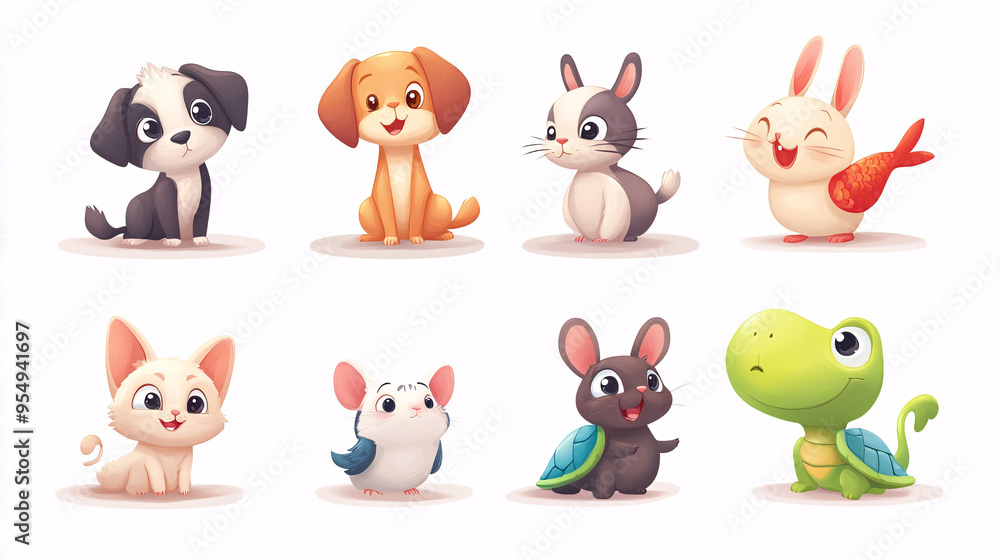 Fototapeta premium Collection of Cute Cartoon Pet Animals Featuring Adorable Characters