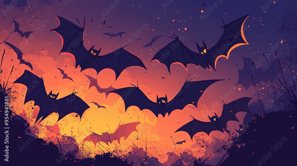 An illustration showing multiple bats flying against a backdrop of an orange, dramatic sunset sky, creating an eerie and captivating atmosphere. An illustration showing multiple bats flying against a backdrop of an orange, dramatic sunset sky, creating an eerie and captivating atmosphere.