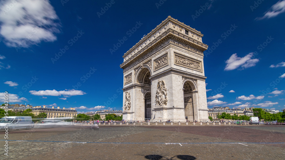 The Arc de Triomphe Triumphal Arch of the Star timelapse hyperlapse is famous monument in Paris The Arc de Triomphe Triumphal Arch of the Star timelapse hyperlapse is famous monument in Paris