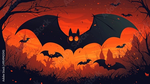 An illustration with bats flying through an orange twilight sky, creating a strong sense of mystery and dark beauty, perfect for fantasy themes. photo