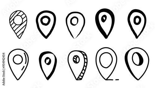 Doodle map pin, hand drawn navigation, sign location. Set isolated on white background.