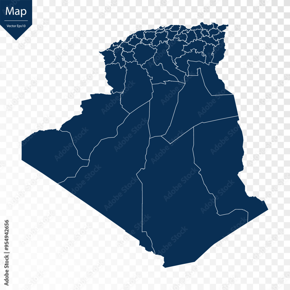 Fototapeta premium Transparent - High Detailed Blue Map of Algeria. Vector eps10.