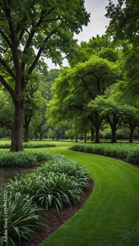 Natures vibrant green hues on display as trees line a tranquil park.