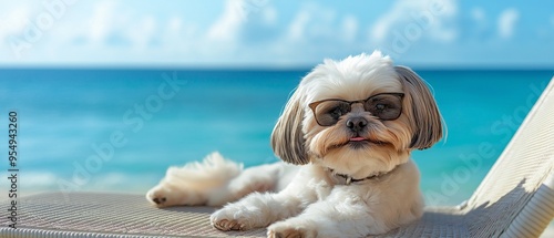Fototapeta Naklejka Na Ścianę i Meble -  A Shih Tzu dog is unwinding on a beach chair next to the water.