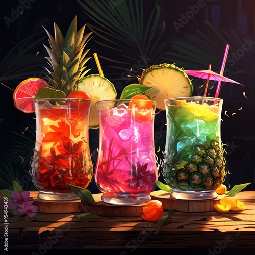 Illustration of vibrant cocktails with fresh fruit and ice, perfect for a lively summer party. photo