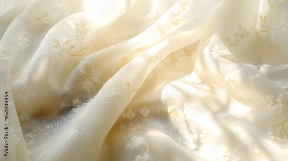 Fototapeta premium Soft white curtains with delicate floral pattern, sunlit window, bright morning light, ethereal atmosphere, close-up of fabric texture, golden hour glow, dreamy aesthetic.