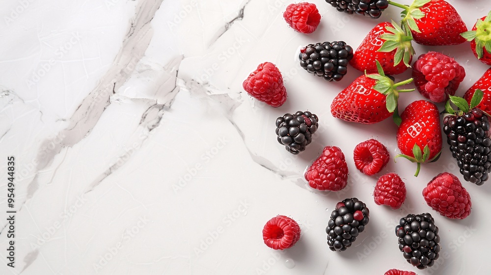 Fresh Raspberries Strawberries and Blackberries on Marble Background Fresh Raspberries Strawberries and Blackberries on Marble Background