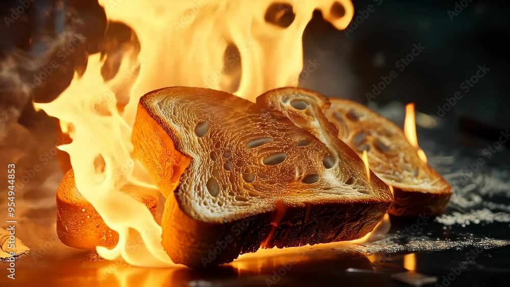 Slices of bread on fire, dramatic close-up. Culinary disaster and fire hazard concept Slices of bread on fire, dramatic close-up. Culinary disaster and fire hazard concept