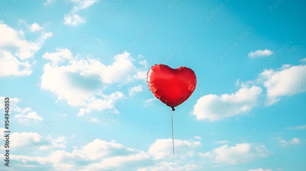 Vibrant red heart-shaped balloon, clear blue sky, fluffy white clouds, bright sunny day, floating balloon, symbol of love, freedom concept, minimalist composition, uplifting mood. Vibrant red heart-shaped balloon, clear blue sky, fluffy white clouds, bright sunny day, floating balloon, symbol of love, freedom concept, minimalist composition, uplifting mood.