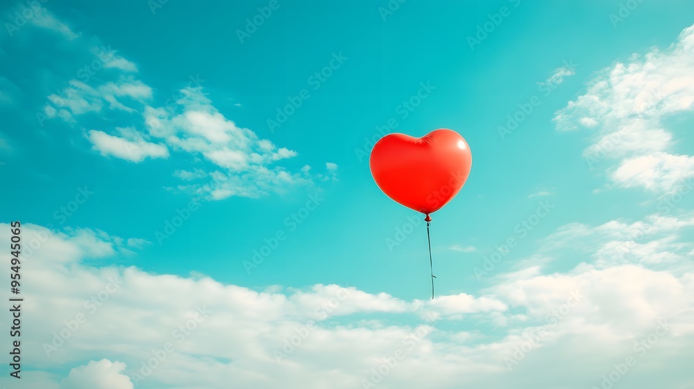 Vibrant red heart-shaped balloon, clear blue sky, fluffy white clouds, bright sunny day, floating balloon, symbol of love, freedom concept, minimalist composition, uplifting mood. Vibrant red heart-shaped balloon, clear blue sky, fluffy white clouds, bright sunny day, floating balloon, symbol of love, freedom concept, minimalist composition, uplifting mood.