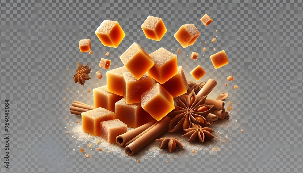 floating jaggery cubes isolated on transparent background floating jaggery cubes isolated on transparent background