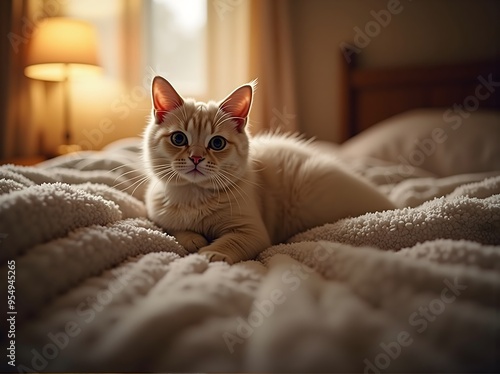 Pixie-Bob Cat Resting on a Soft Blanket