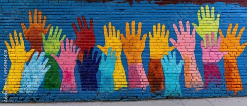 Children working together on a community service project are depicted in a colourful mural with painted hands.