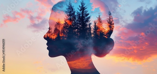 Abstract silhouette of a woman filled with a forest and sunset, colorful and dreamy double exposure effect