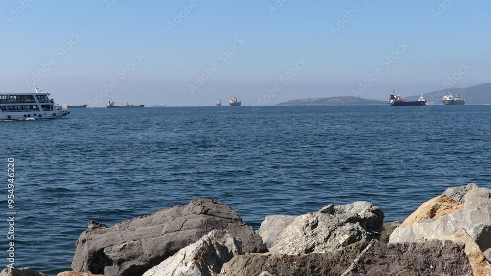 A view from the Bosphorus in Istanbul. Also in the video; There are also ferries, cargo ships and seagulls. A view from the Bosphorus in Istanbul. Also in the video; There are also ferries, cargo ships and seagulls.