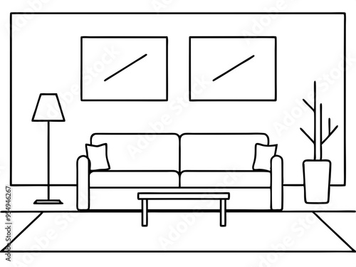 Modern Living Room Line Art Design with Minimalist Furniture and Natural Light