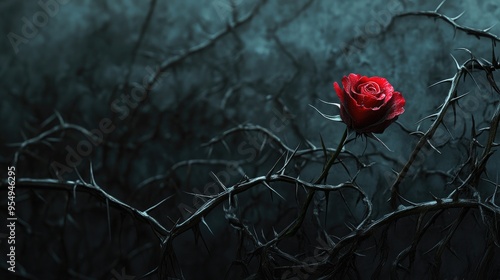 Amidst a sea of thorns, a single red rose symbolizes the pain and hope of Good Friday, capturing the poignant atmosphere photo