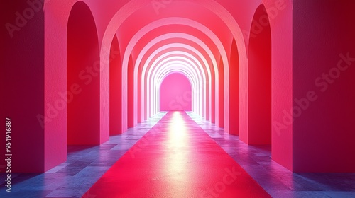 A vibrant corridor with arches, illuminated in pink hues, creating a surreal and inviting atmosphere.