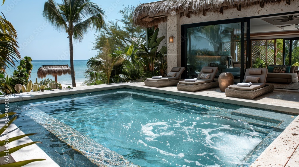 Serene beachfront villa with a luxurious pool surrounded by lush greenery and ocean views in the afternoon sun. Generative AI Serene beachfront villa with a luxurious pool surrounded by lush greenery and ocean views in the afternoon sun. Generative AI