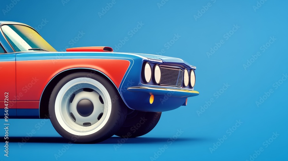 Fototapeta premium A vibrant close-up of a classic car showcasing its stylish design against a striking blue background.