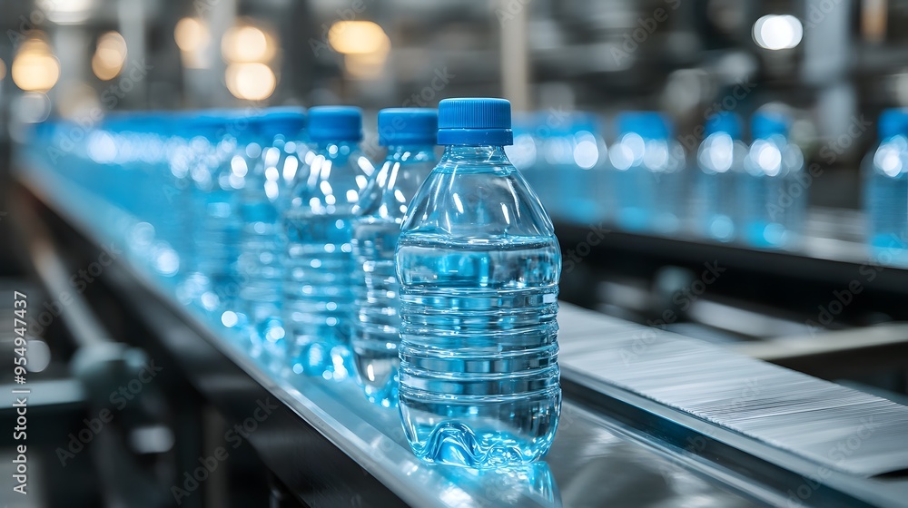 Water bottling production line, transparent plastic bottles, bright blue bottle caps, industrial manufacturing, conveyor belt, clean factory environment, rows of water bottles. Water bottling production line, transparent plastic bottles, bright blue bottle caps, industrial manufacturing, conveyor belt, clean factory environment, rows of water bottles.