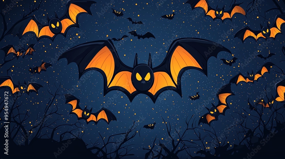 A dark night sky is teeming with glowing orange bats, their wings spread wide as they soar among twinkling stars and silhouetted barren trees. A dark night sky is teeming with glowing orange bats, their wings spread wide as they soar among twinkling stars and silhouetted barren trees.