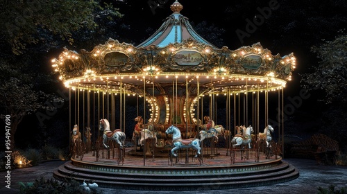 Vintage illuminated carousel spinning at night in an amusement park