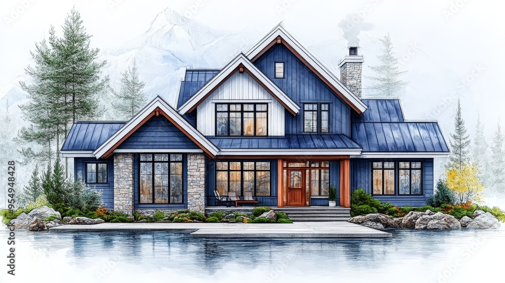 A modern house design by a serene lake, surrounded by trees and mountains, showcasing a cozy and inviting atmosphere. A modern house design by a serene lake, surrounded by trees and mountains, showcasing a cozy and inviting atmosphere.