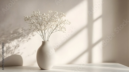 White ceramic vase, delicate baby's breath flowers, bright sunlight streaming through window, soft shadows, minimalist interior, light beige wall, marble or stone surface.