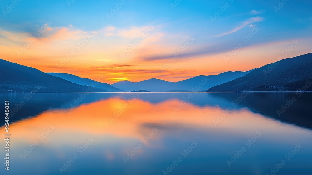 Beautiful sunset over a tranquil lake, with reflections of mountains and a softly colored sky in orange and blue Beautiful sunset over a tranquil lake, with reflections of mountains and a softly colored sky in orange and blue