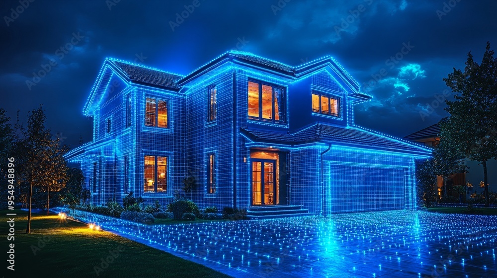 A modern house illuminated with blue LED lights at night, showcasing a vibrant and festive atmosphere. A modern house illuminated with blue LED lights at night, showcasing a vibrant and festive atmosphere.