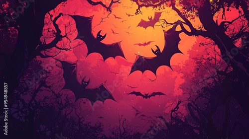 This image depicts several bats silhouetted against a red twilight sky, with the dark shadows of trees enhancing the dramatic and haunting atmosphere of the scene.