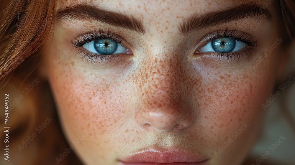 Beautiful woman with blue eyes and freckles posing on blue background Beautiful woman with blue eyes and freckles posing on blue background