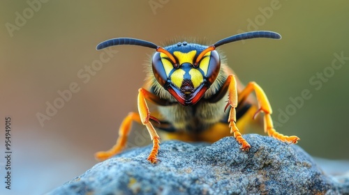 European paper wasp standing on a rock in a close-up portrait photo