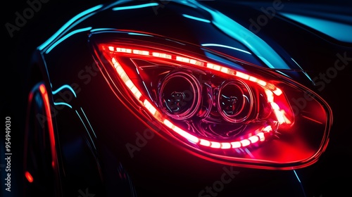 Close-up of a sleek car's rear light at night with neon reflections highlighting its modern design and intricate detailing photo