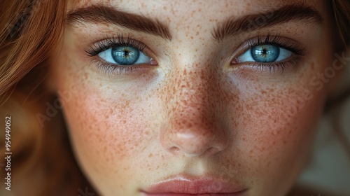 Beautiful woman with blue eyes and freckles posing on blue background