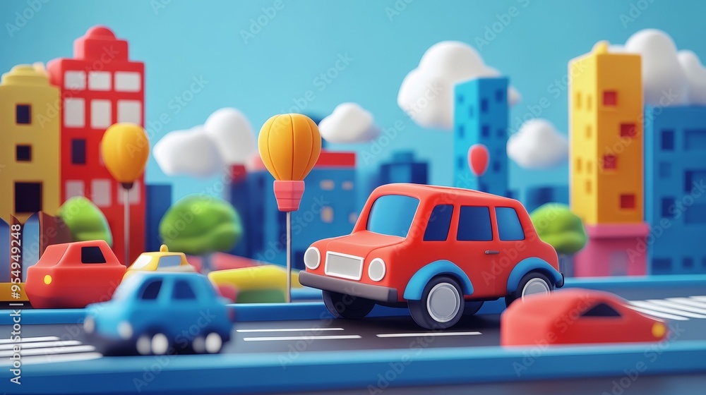 Colorful toys in a vibrant city landscape featuring playful cars, buildings, and trees, capturing a cheerful urban scene. Colorful toys in a vibrant city landscape featuring playful cars, buildings, and trees, capturing a cheerful urban scene.