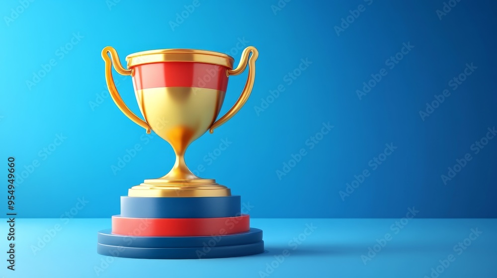 Shiny gold trophy with colorful accents on a blue background, symbolizing victory and achievement in competitions. Shiny gold trophy with colorful accents on a blue background, symbolizing victory and achievement in competitions.
