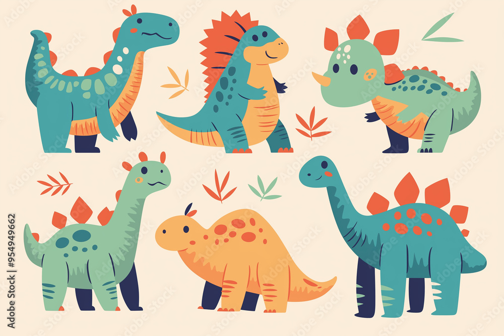 Naklejka premium Vector flat cartoon cute dinosaur set, children's book illustration