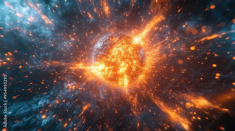 Exploding sphere of particles, with fragments flying in all directions, energy radiating from the center, 3D abstract Exploding sphere of particles, with fragments flying in all directions, energy radiating from the center, 3D abstract