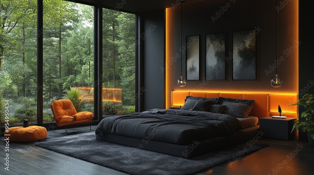 Modern bedroom with large windows and forest view, featuring dark tones. Modern bedroom with large windows and forest view, featuring dark tones.