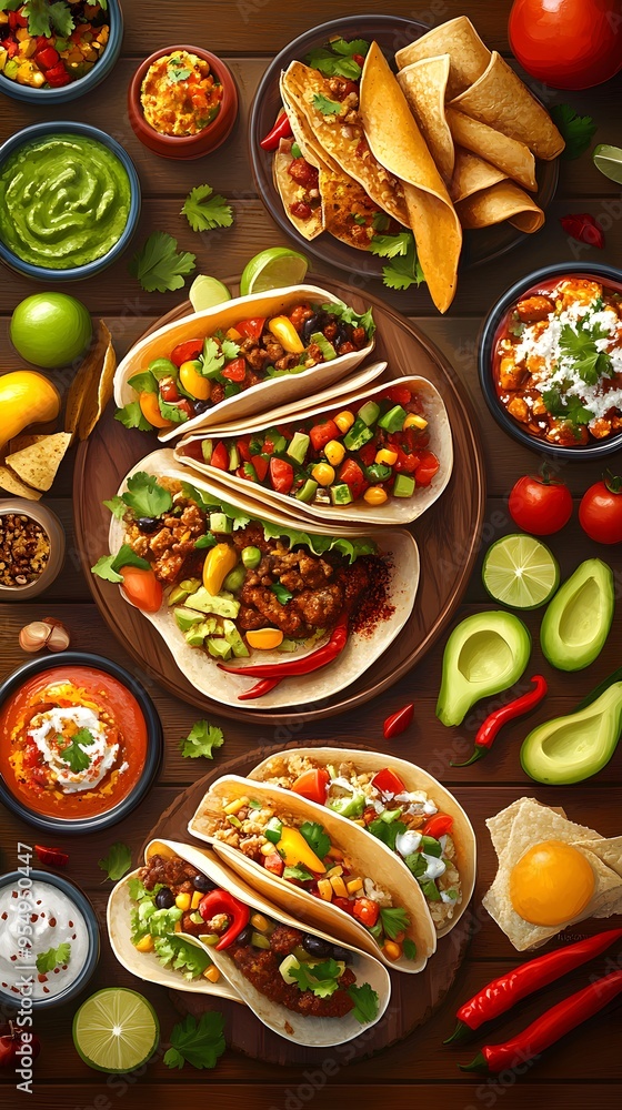 Mexican Tacos and Toppings on a Rustic Wooden Table. Mexican Tacos and Toppings on a Rustic Wooden Table.